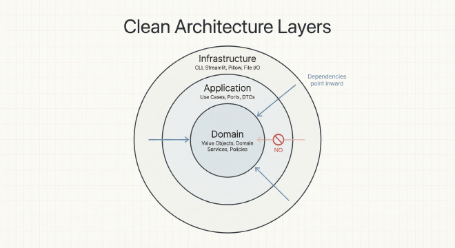 Onion-Diagramm mit Domain-, Application- und Infrastructure-Layer; Pfeile zeigen nach innen, eine nach außen gerichtete Abhängigkeit ist als verboten markiert