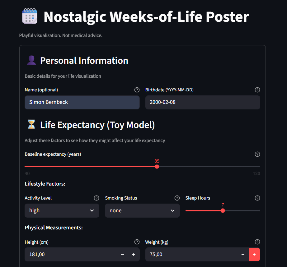 LifeClock Streamlit UI: Eingaben für Profil, Lifestyle-Faktoren und Messungen
