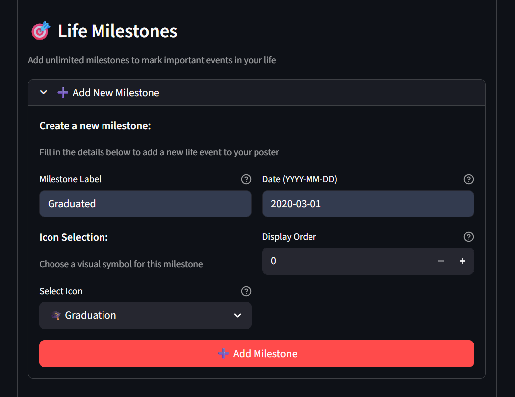 LifeClock Streamlit UI: Hinzufügen eines Lebensmeilensteins (Label, Datum, Icon, Reihenfolge)