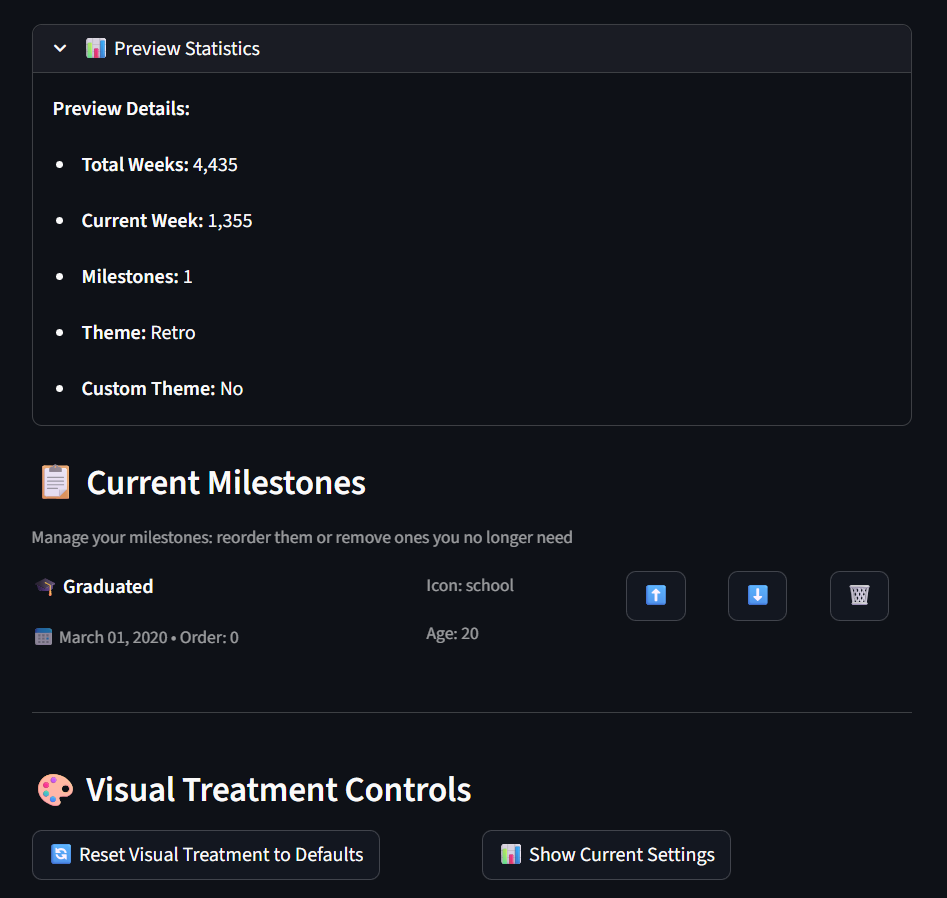 LifeClock Streamlit UI: Vorschau-Statistiken, Meilenstein-Manager und Visual Treatment Controls