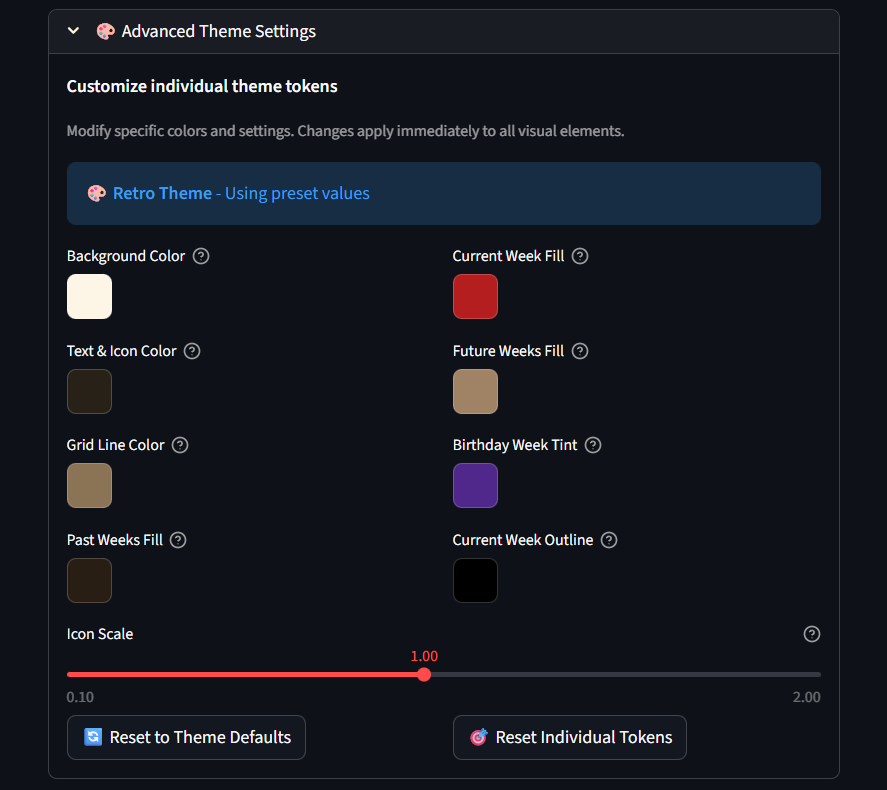 LifeClock Streamlit UI: Advanced Theme Tokens, Icon-Scale und Reset-Aktionen