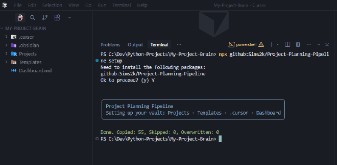 Cursor-IDE nach pipeline setup mit Dateibaum und Terminal Done Copied 55