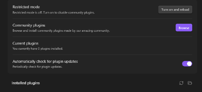 Obsidian-Einstellungen mit Community-Plugins und installierten Plugins