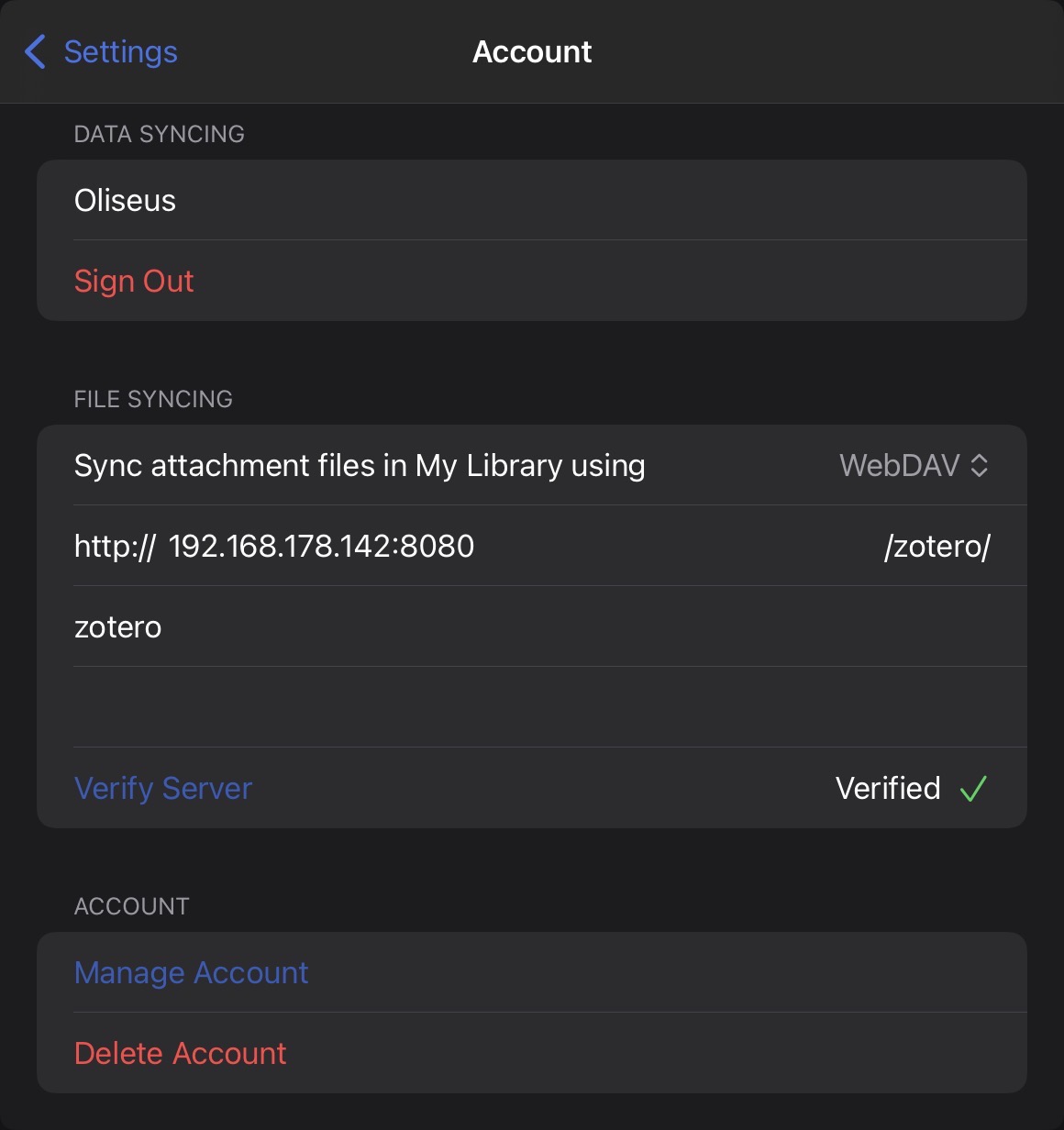 Zotero iPad WebDAV-Einstellungen