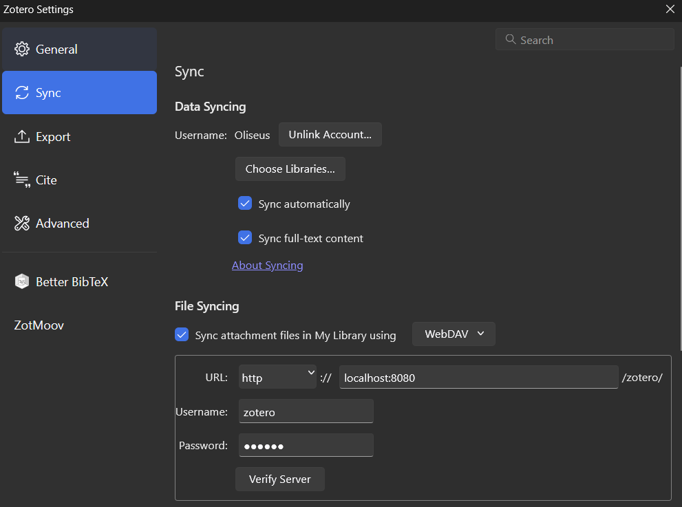 Zotero Sync-Einstellungen